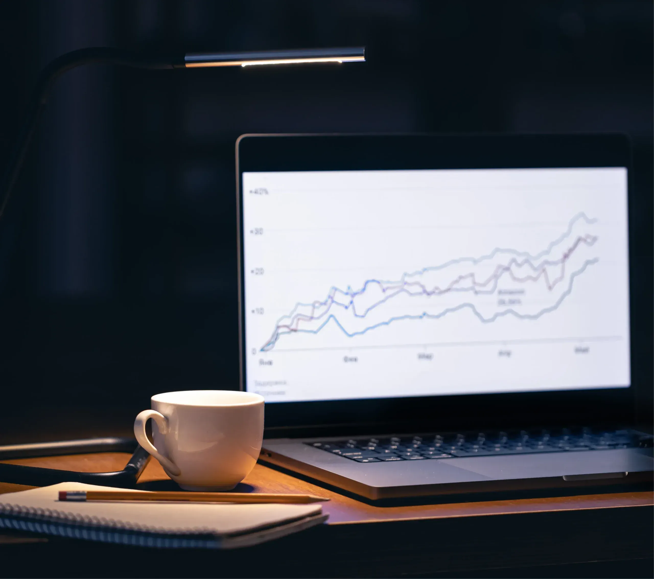 Computer with graph displayed in dark room